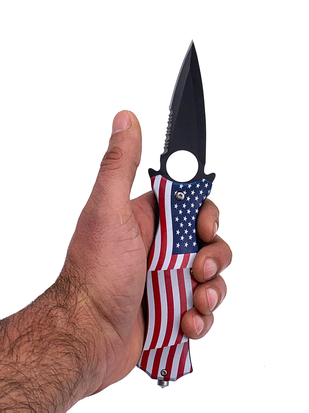US Flag Spring Assisted Folding Pocket Knife 3.75" Dagger Blade With Finger Hole and Window Breaker