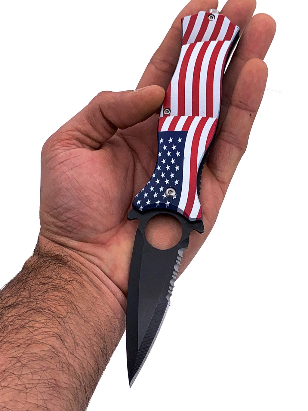 US Flag Spring Assisted Folding Pocket Knife 3.75" Dagger Blade With Finger Hole and Window Breaker