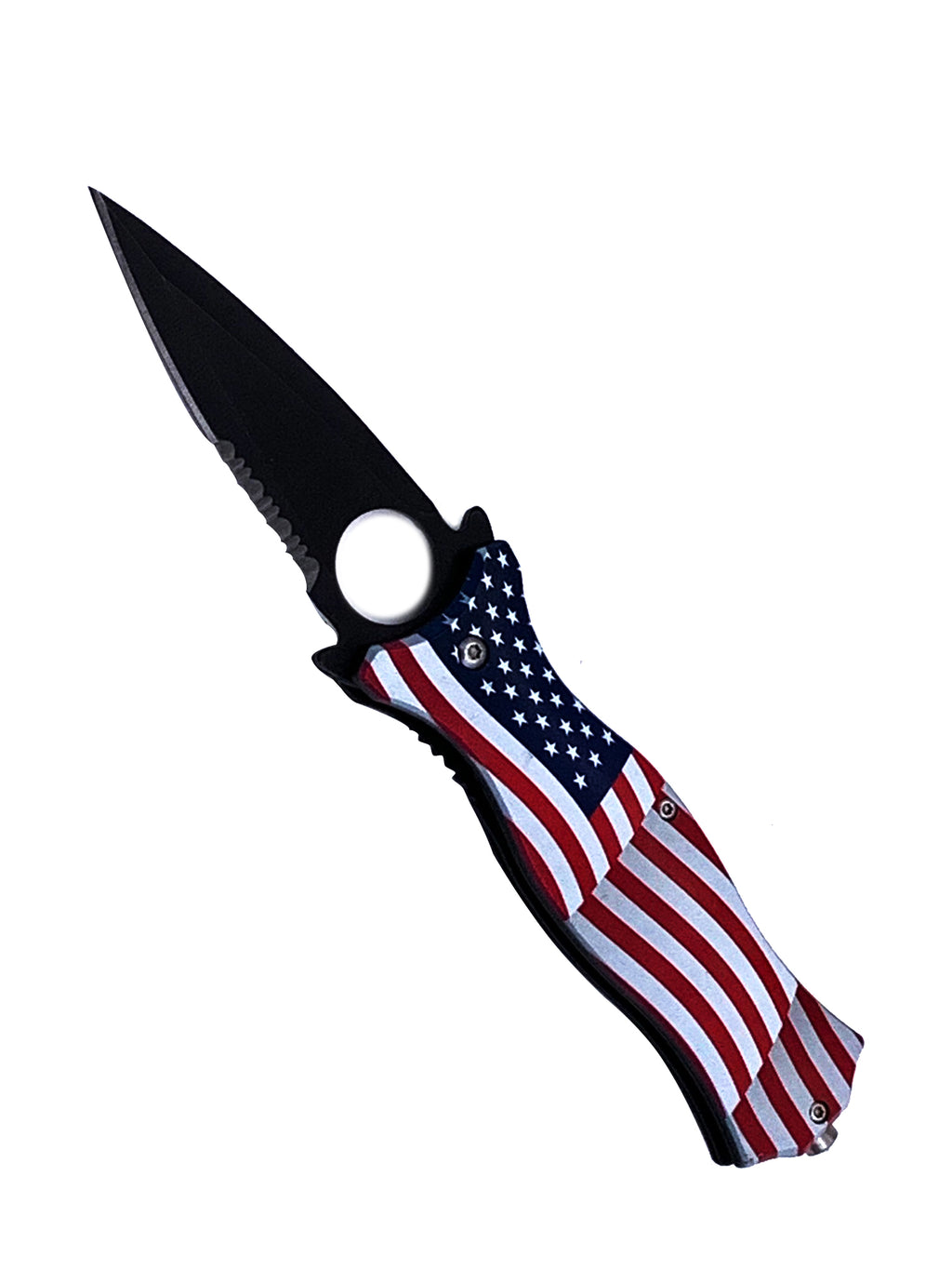 US Flag Spring Assisted Folding Pocket Knife 3.75" Dagger Blade With Finger Hole and Window Breaker