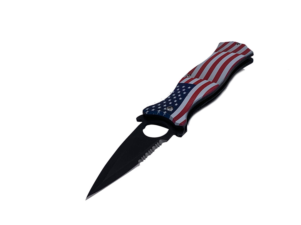 US Flag Spring Assisted Folding Pocket Knife 3.75" Dagger Blade With Finger Hole and Window Breaker