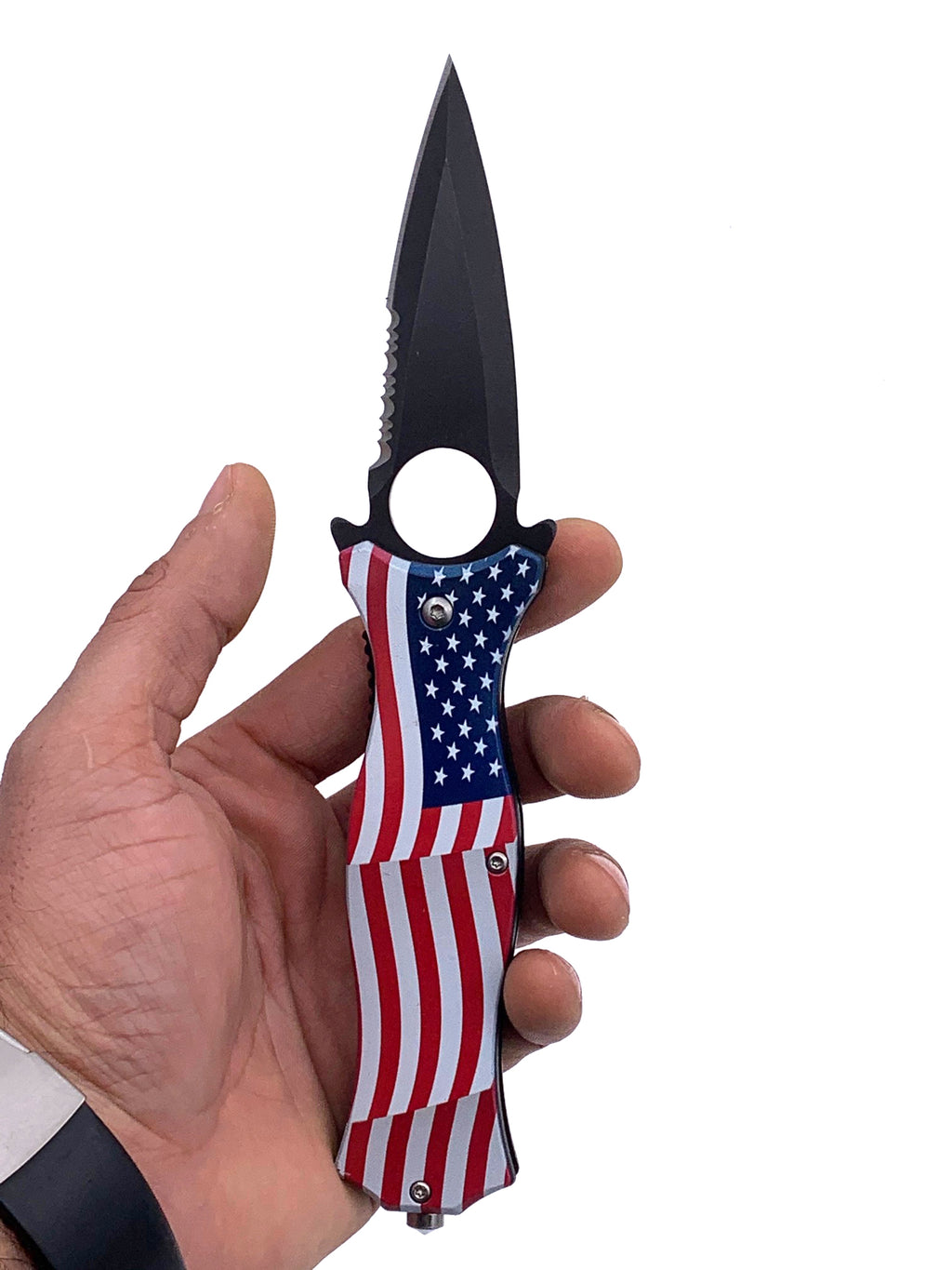 US Flag Spring Assisted Folding Pocket Knife 3.75" Dagger Blade With Finger Hole and Window Breaker