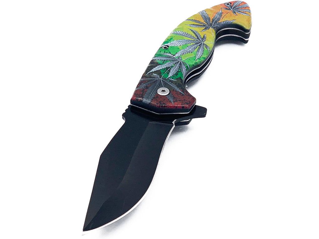 Chronic Marijuana Leaf Spring Assisted Folding Pocket Knife 3" Black Blade