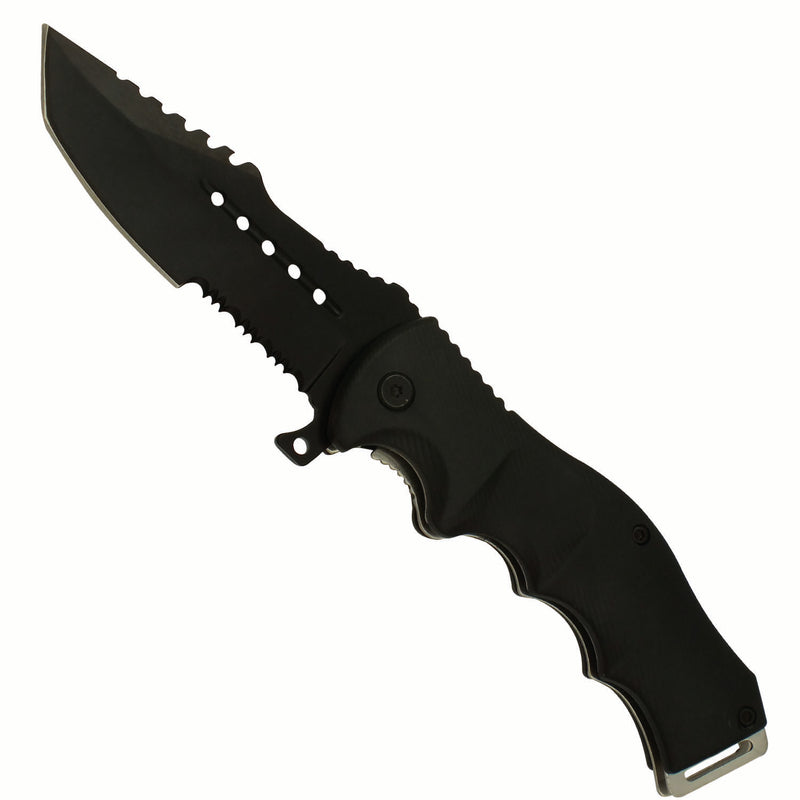 Black Night Spring Assisted Serrated Base Folding Tanto Knife with Finger Grooves