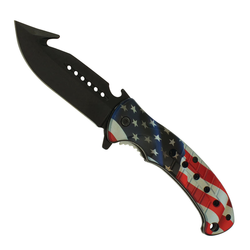 American Pride Spring Assisted Pocket Knife with Gut Hook Black Blade with Bottle Opener