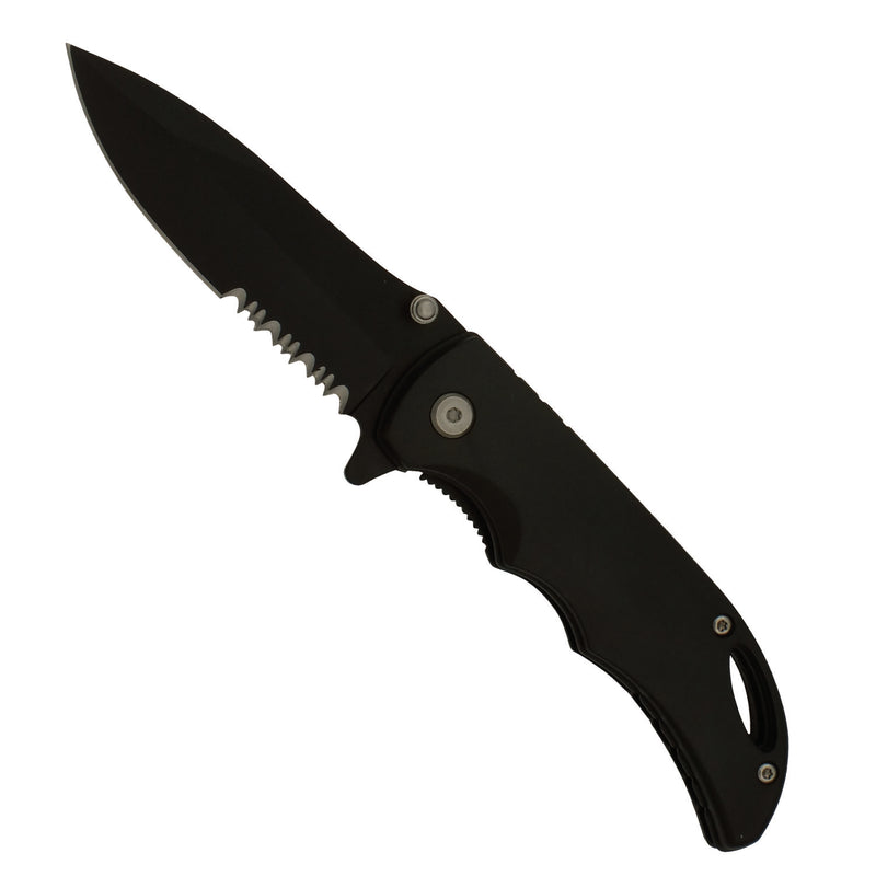 Black Beauty Spring Assisted Serrated Base Pocket Knife with Finger Grooves