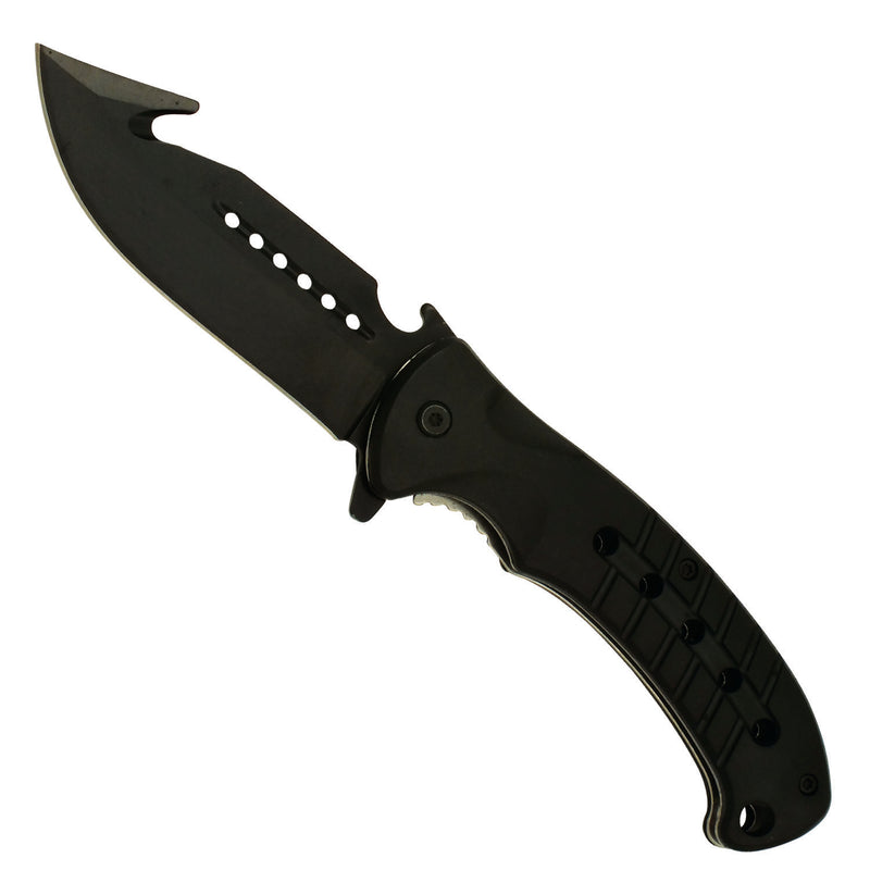 Black Beauty Spring Assisted Pocket Knife with Gut Hook Black Blade with Bottle Opener