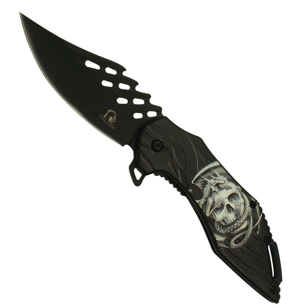 Skull Dragon Spring Assisted Pocket Knife with Two Tone Black Blade and Grooved Spine