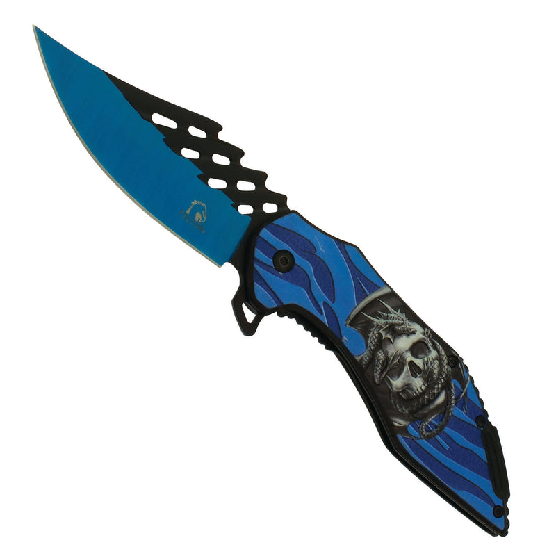 Skull Dragon Spring Assisted Pocket Knife with Two Tone Blue And Black Blade and Grooved Spine
