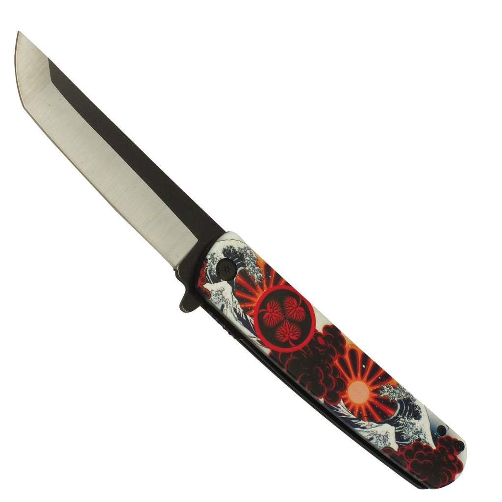 Ocean Sunrise Samurai Spring Assisted Pocket Knife with Two Tone Rounded Tanto Blade