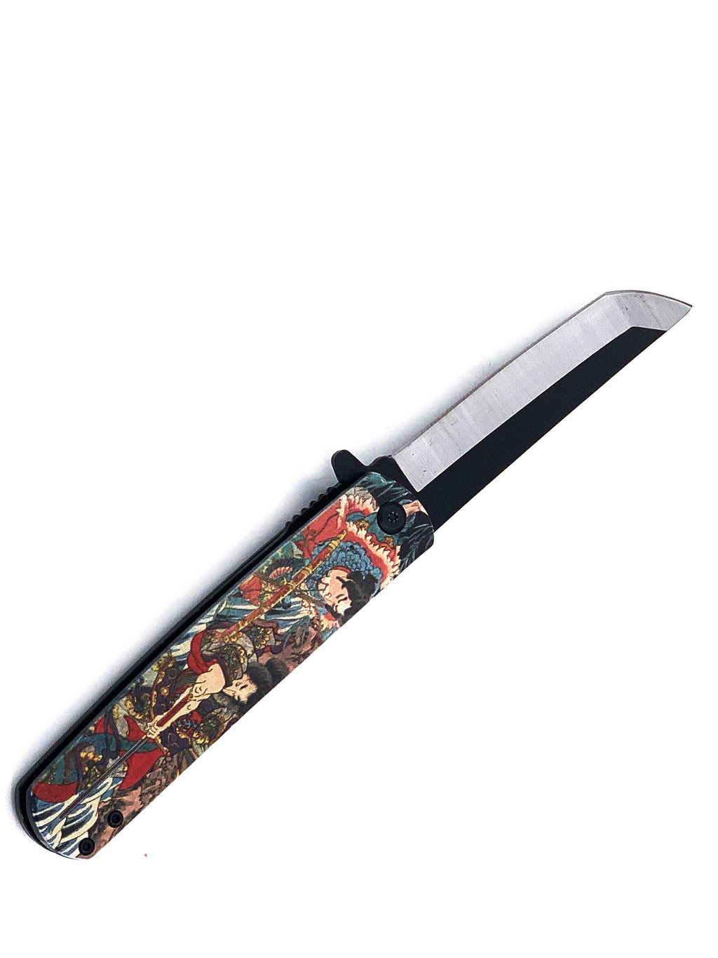 Two Warriors Samurai Spring Assisted Pocket Knife with Two Tone Rounded Tanto Blade