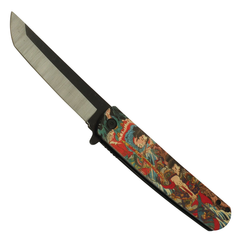 Two Warriors Samurai Spring Assisted Pocket Knife with Two Tone Rounded Tanto Blade