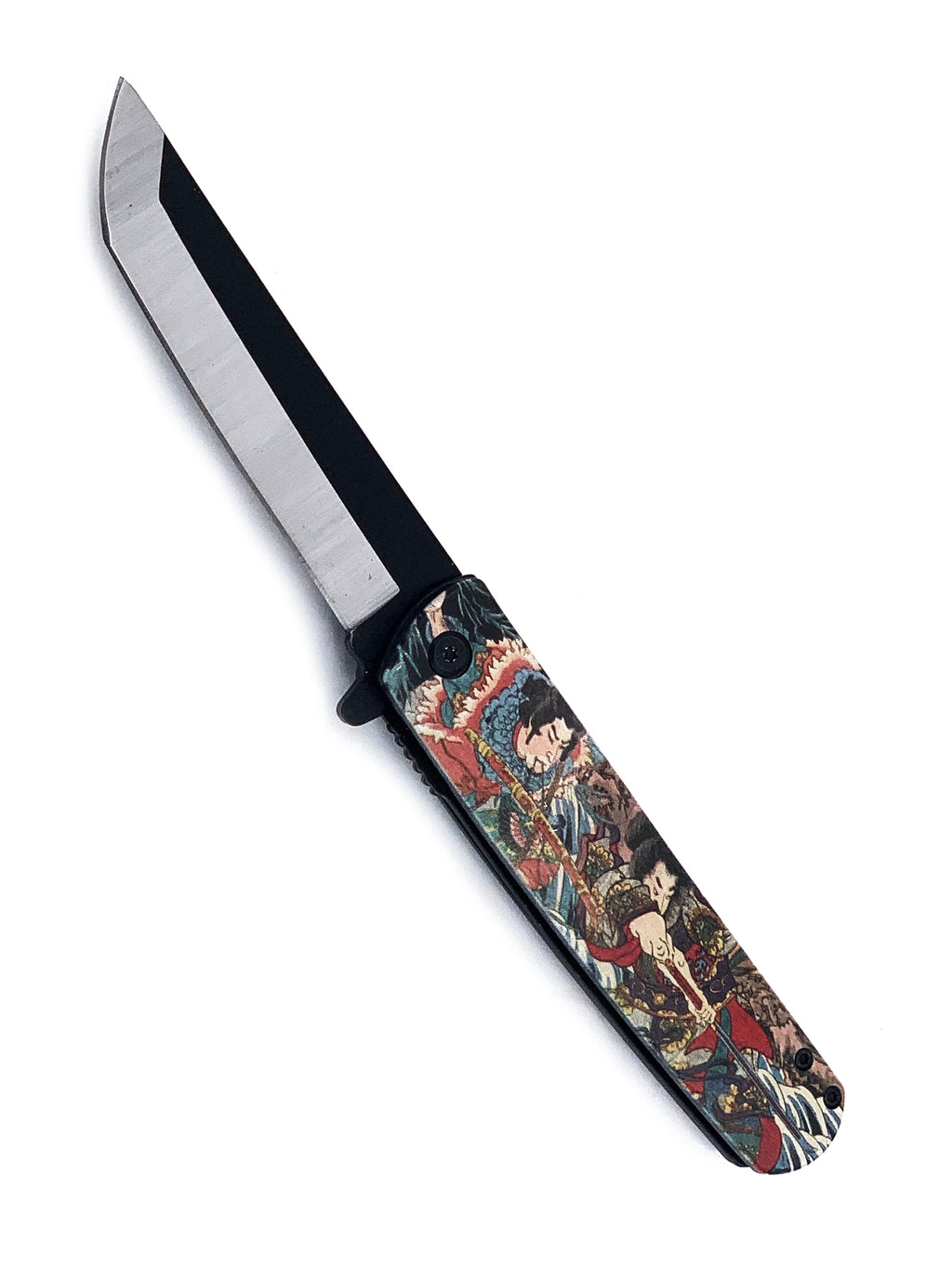 Two Warriors Samurai Spring Assisted Pocket Knife with Two Tone Rounded Tanto Blade