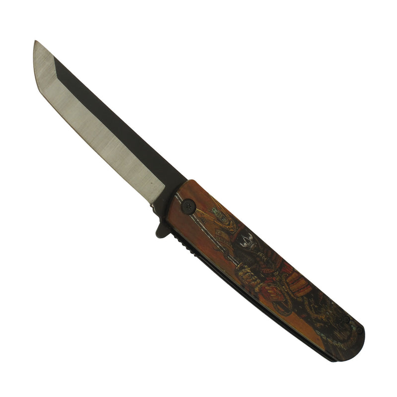 Skeleton Samurai Spring Assisted Pocket Knife with Two Tone Rounded Tanto Blade