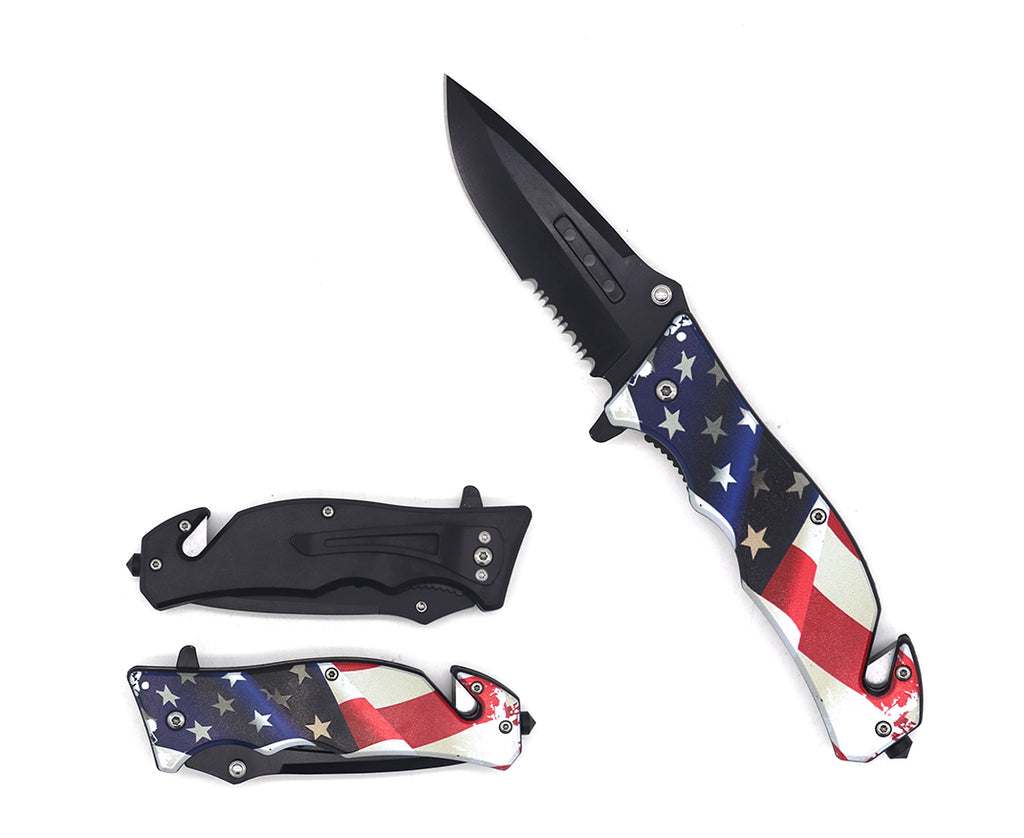 American Pride US Flag Spring Assisted Serrated Base Folding Pocket Knife