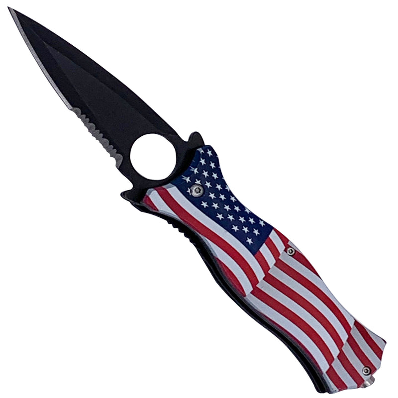 US Flag Spring Assisted Folding Pocket Knife 3.75" Dagger Blade With Finger Hole and Window Breaker