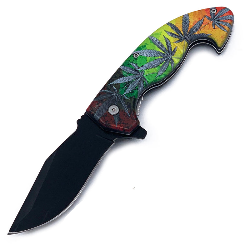 Chronic Marijuana Leaf Spring Assisted Folding Pocket Knife 3" Black Blade