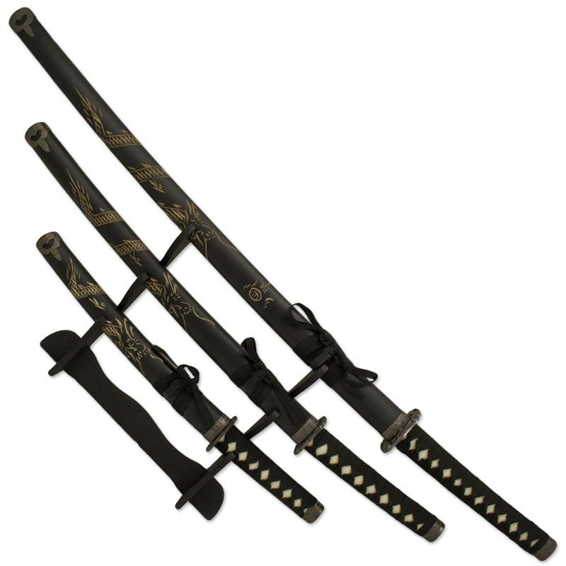 3 PC Black Drag Samurai Katana Sword Set, , Panther Trading Company- Panther Wholesale