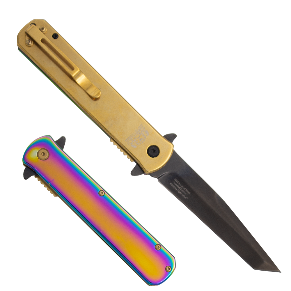 Tiger USA®Metallic Folding knife w/clip (Rainbow and Black Oil Slick)