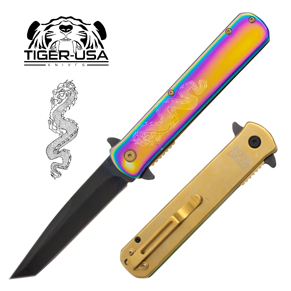 Tiger USA®Metallic DRAGON Folding knife w/clip (Rainbow and Black Oil Slick)