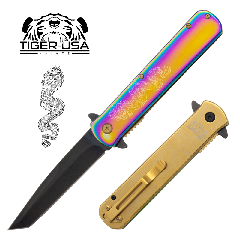 Tiger USA®Metallic DRAGON Folding knife w/clip (Rainbow and Black Oil Slick)