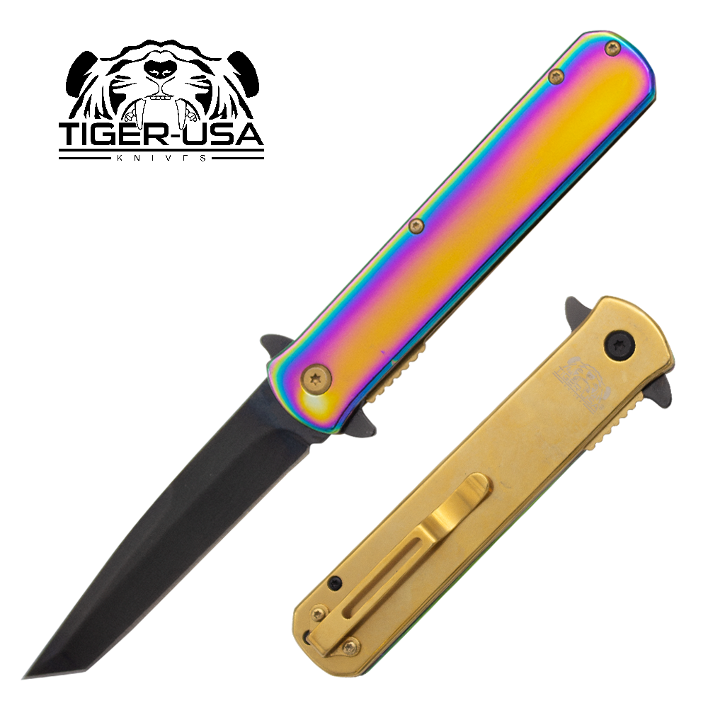 Tiger USA®Metallic Folding knife w/clip (Rainbow and Black Oil Slick)