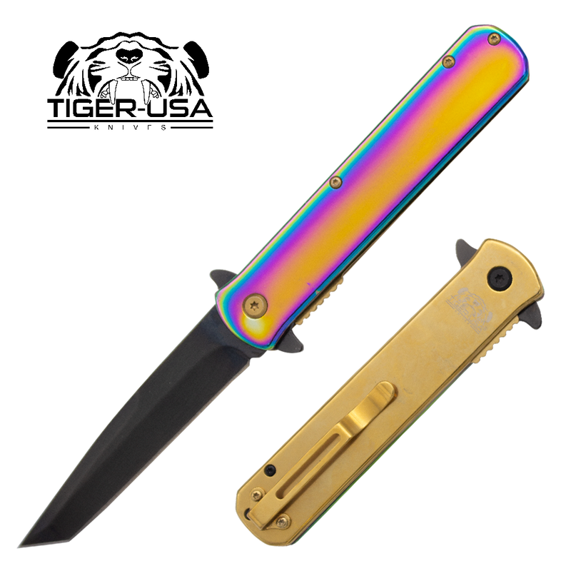 Tiger USA®Metallic Folding knife w/clip (Rainbow and Black Oil Slick)