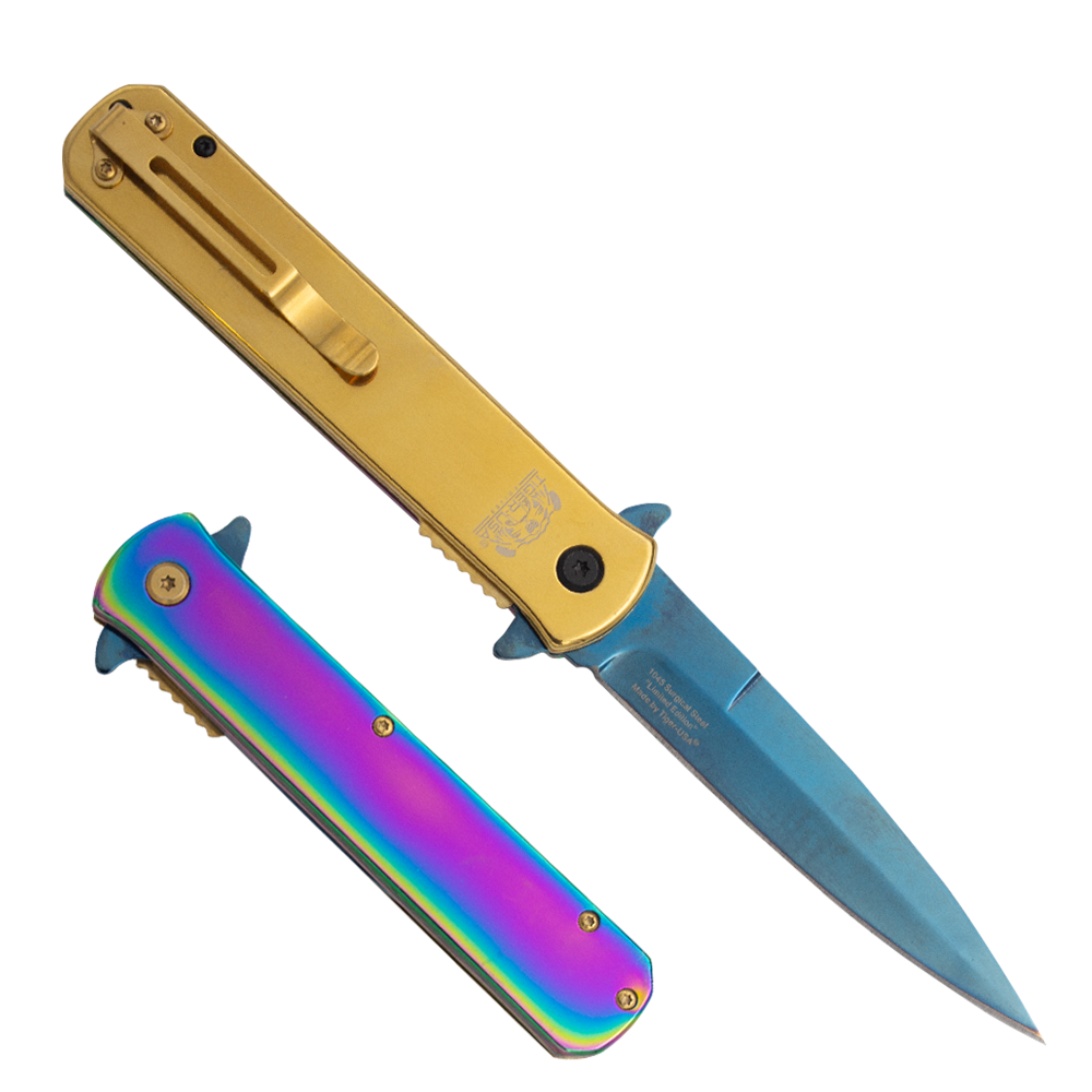 Tiger USA®Metallic Folding knife w/clip (Rainbow Oil Slick, Blue and Gold)