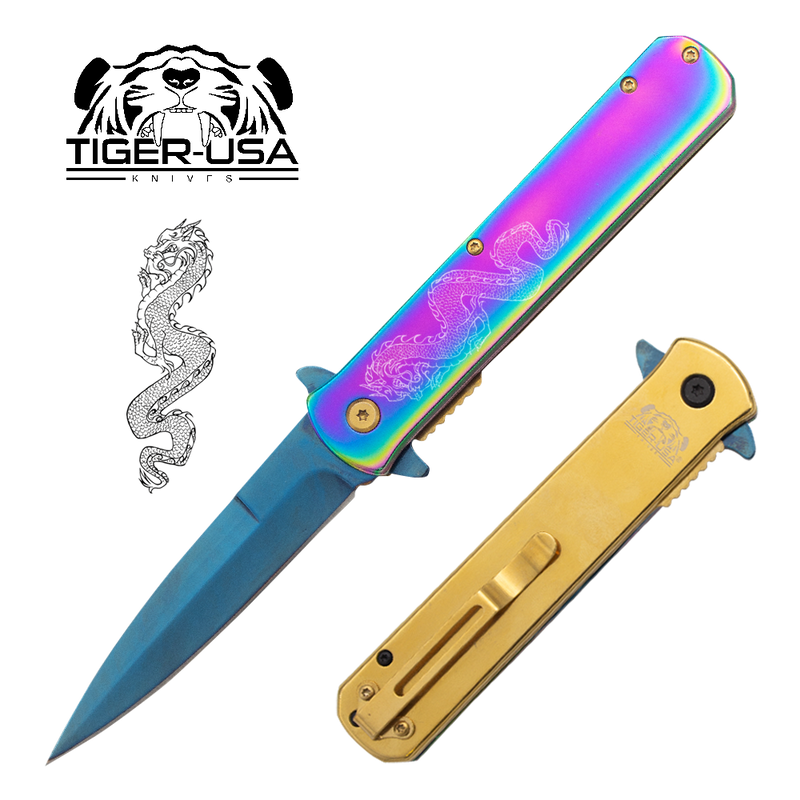 Tiger USA®Metallic DRAGON Folding knife w/clip (Rainbow Oil Slick, Blue and Gold)