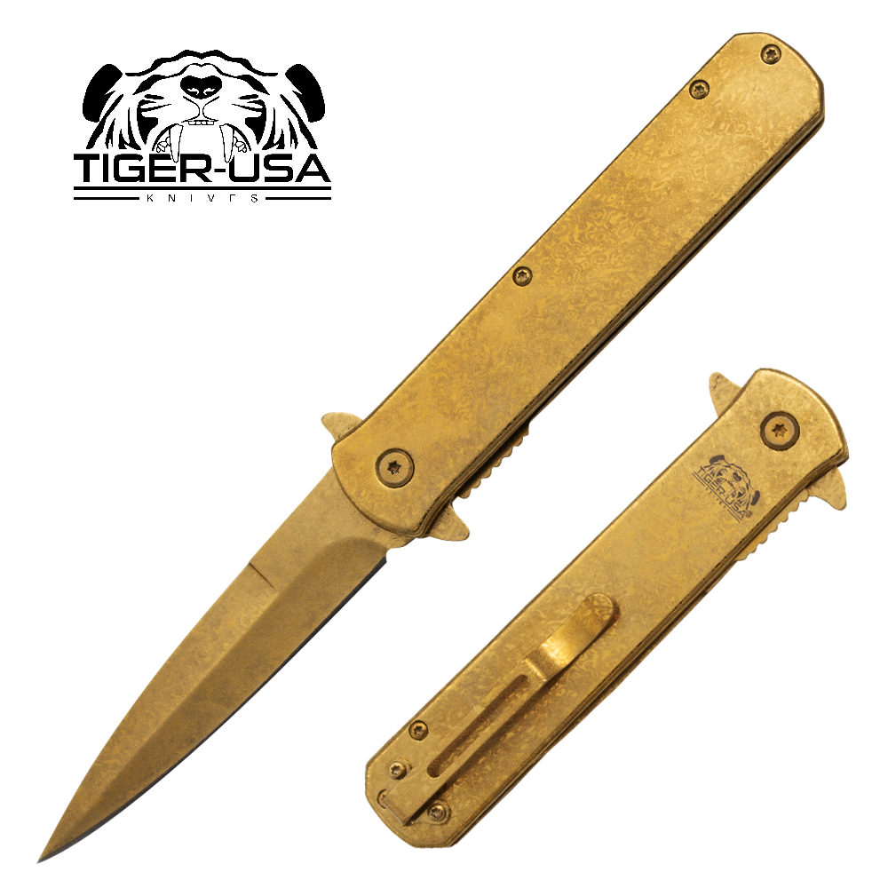 Tiger USA®Metallic Folding knife w/clip (Gold Plated Damascus stamped)