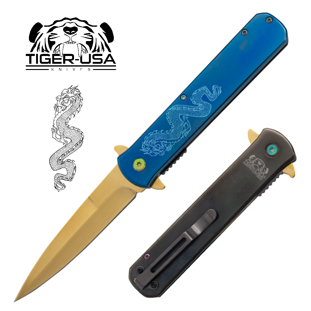 Tiger USA®Metallic DRAGON Folding knife w/clip (Blue, Black and Gold)