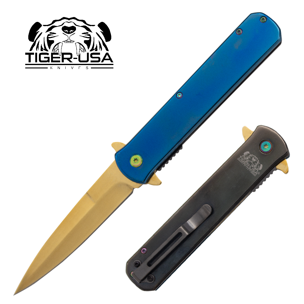 Tiger USA®Metallic Folding knife w/clip (Blue, Black and Gold)