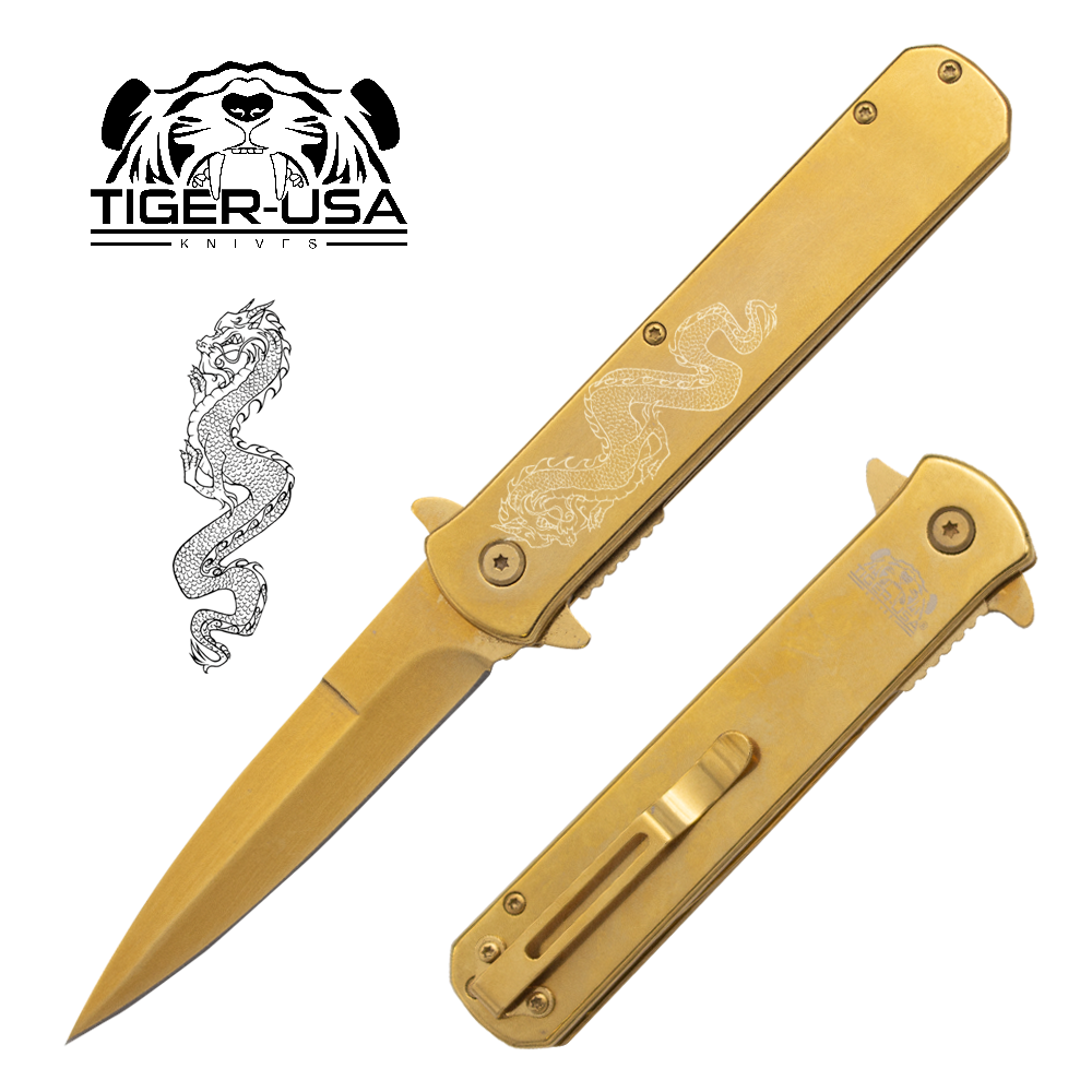 Tiger USA®Metallic DRAGON Folding knife w/clip (Gold Plated)