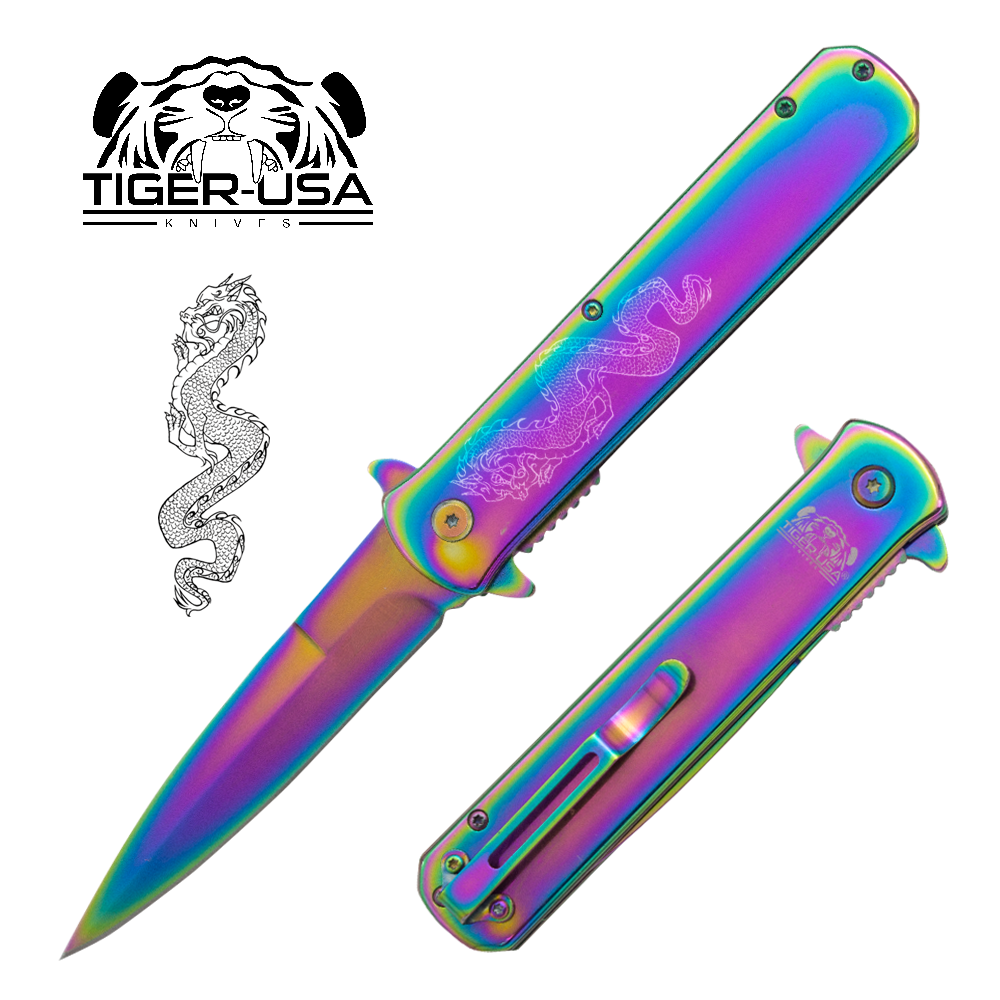 Tiger USA®Metallic DRAGON Folding knife w/clip (Rainbow Oil Slick)