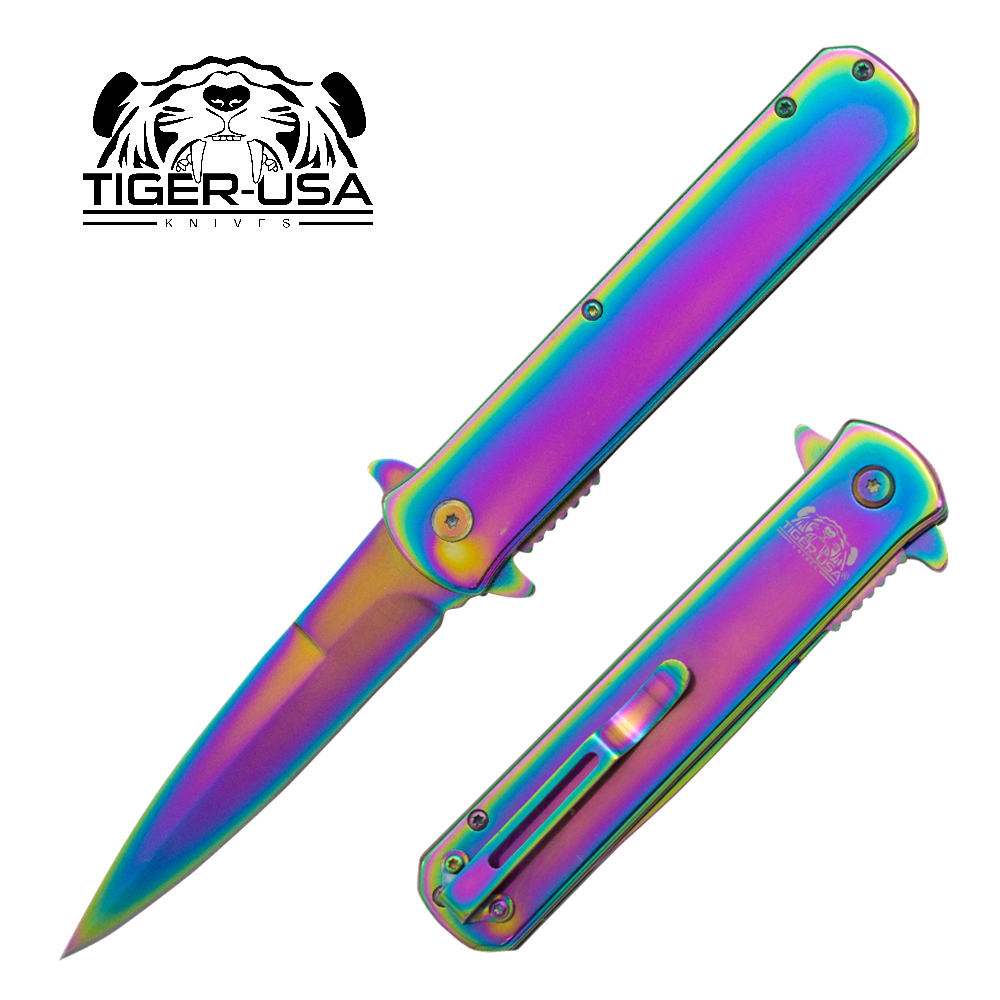 Tiger USA®Metallic Folding knife w/clip (Rainbow Oil Slick)