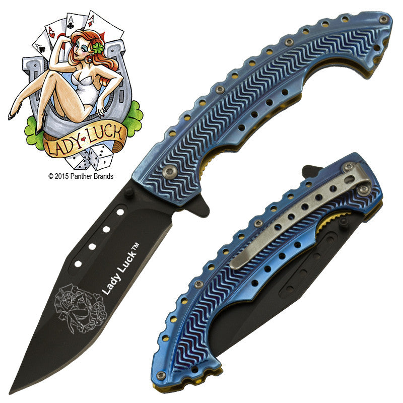 Lady Luck Blue Trigger Action Knife, , Panther Trading Company- Panther Wholesale