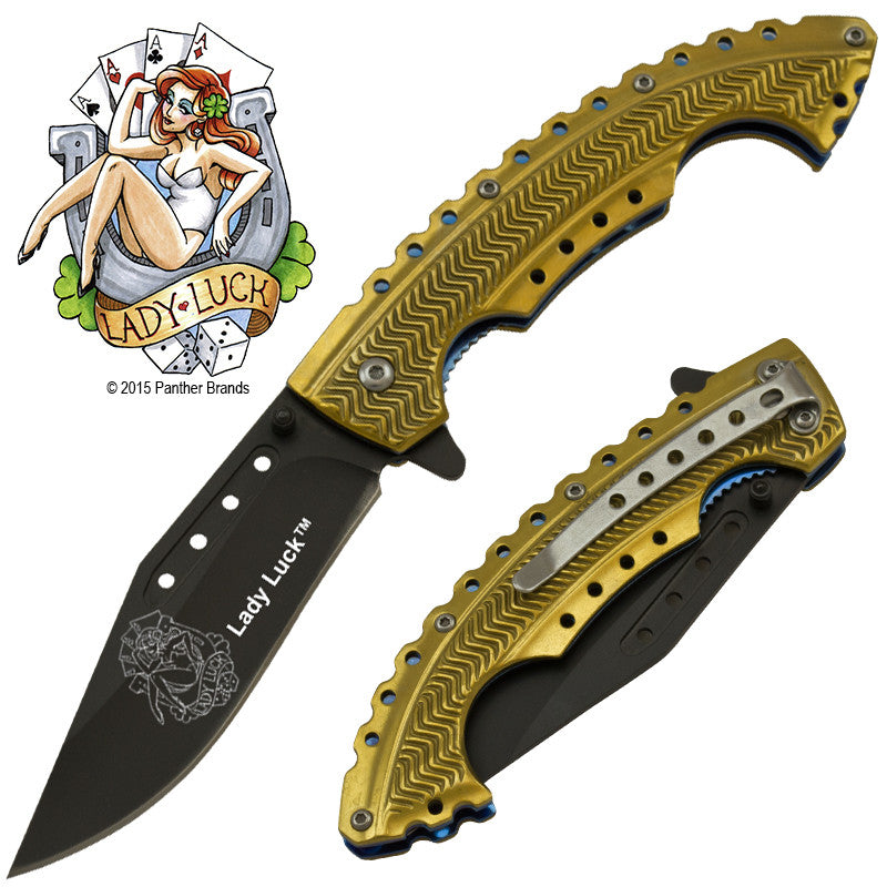 Lady Luck Gold Trigger Action Knife, , Panther Trading Company- Panther Wholesale