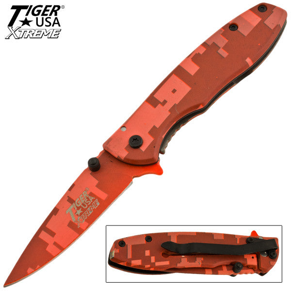 Tiger USA Xtreme Trigger Action Knife - Red Digital Camo, , Panther Trading Company- Panther Wholesale