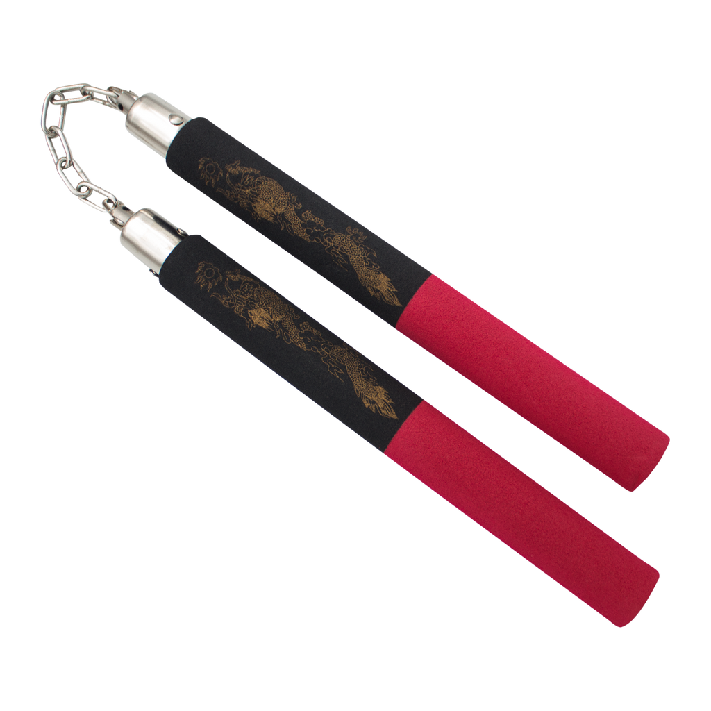 Red Tip Dragon Foam Practice Nunchucks (Black/Red) W/ Rope