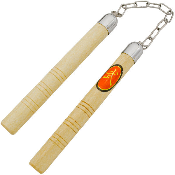 Nunchucks Natural Wood Color W/ Red Chinese Symbol, , Panther Trading Company- Panther Wholesale