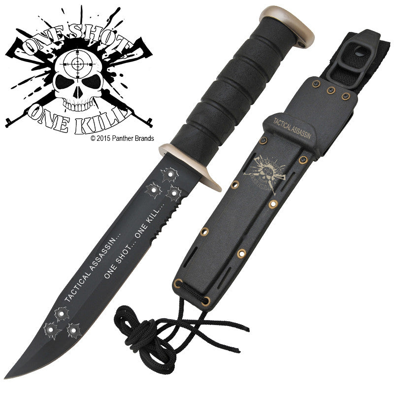 One Shot One Kill Military Knife W/ Free Hard Sheath (Serrated), , Panther Trading Company- Panther Wholesale