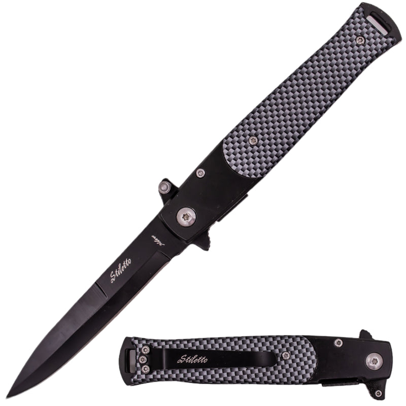 9 Inch Godfather Style Stiletto Style Folding Knife - Carbon Fiber