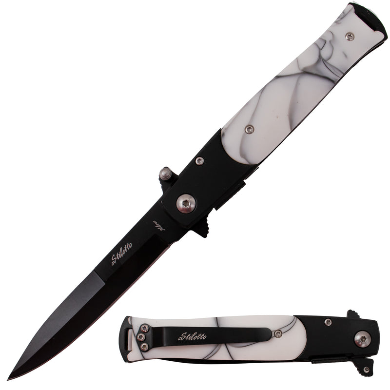 Tiger USA Spring Assisted Stiletto Knife White Pearl Handle