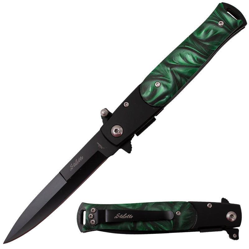 Tiger USA Spring Assisted Stiletto Knife Green Pearl Handle