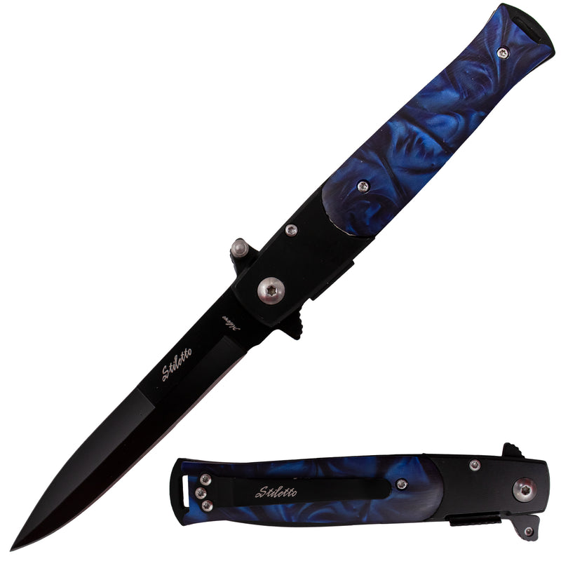 Tiger USA Spring Action Stiletto Knife Blue Pearl Handle
