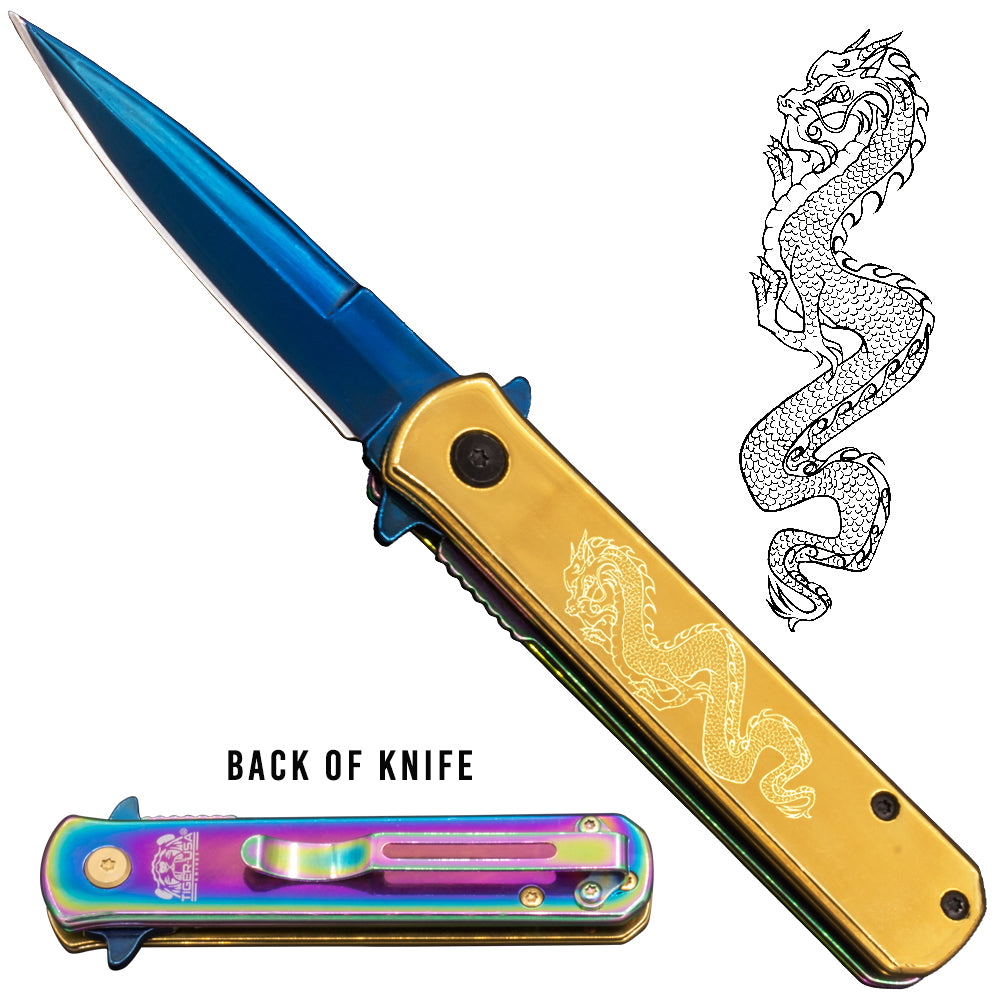 Tiger USA® Folding knife w/clip (Blue & Gold Color) Dragon