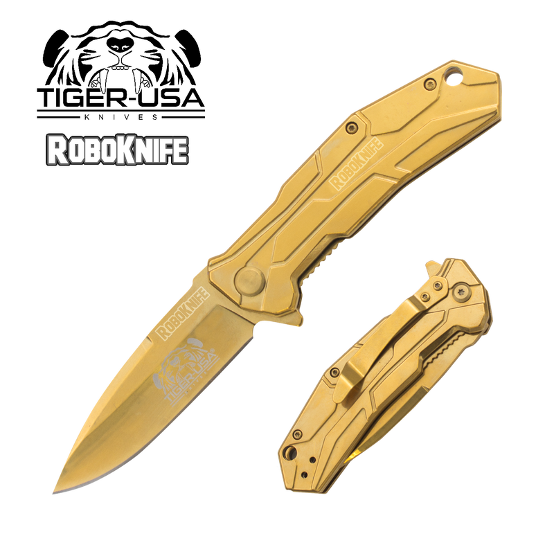 Tiger USA® RoboKnife w/clip (Gold Color), , Panther Trading Company- Panther Wholesale