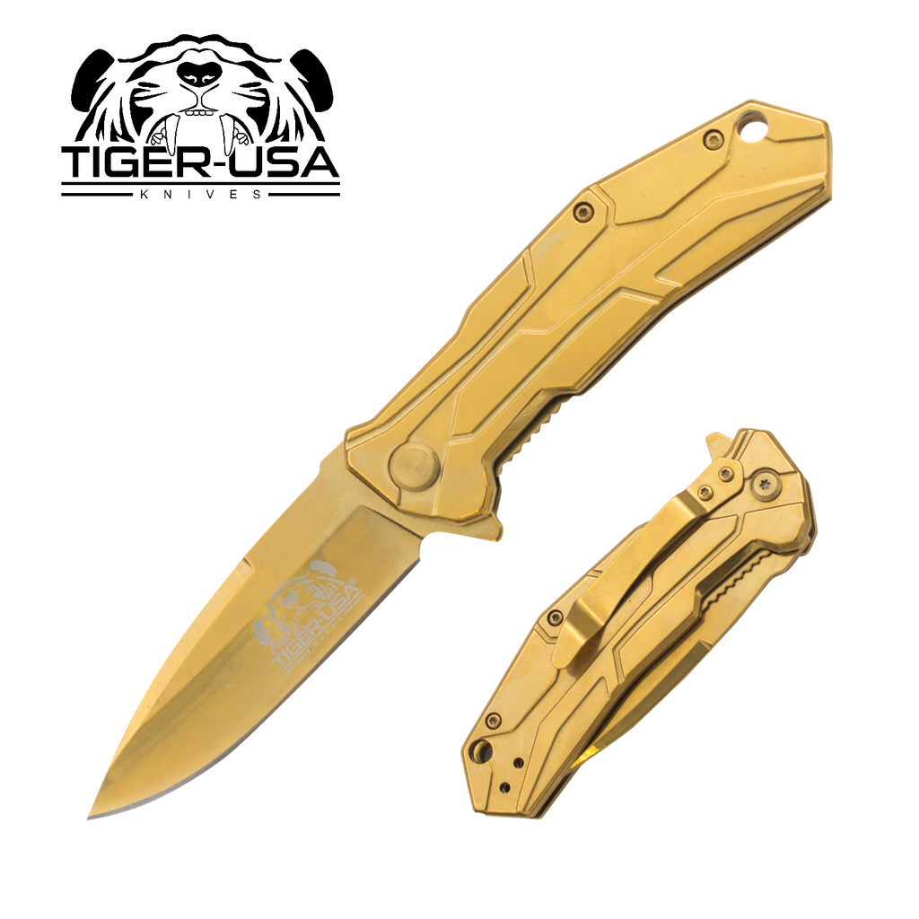Tiger USA® Folding knife w/clip (Gold Color), , Panther Trading Company- Panther Wholesale
