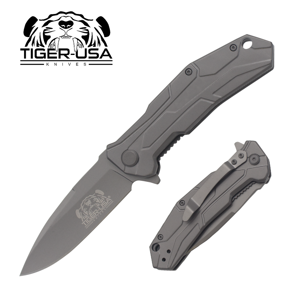 Tiger USA® Folding knife w/clip (Grey Color), , Panther Trading Company- Panther Wholesale