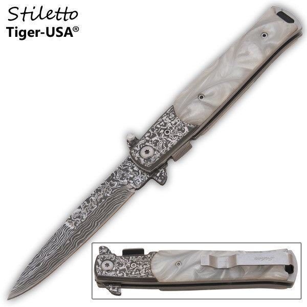 9 Inch Godfather Style stiletto style Folding Knife- Damascus Pearl, , Panther Trading Company- Panther Wholesale