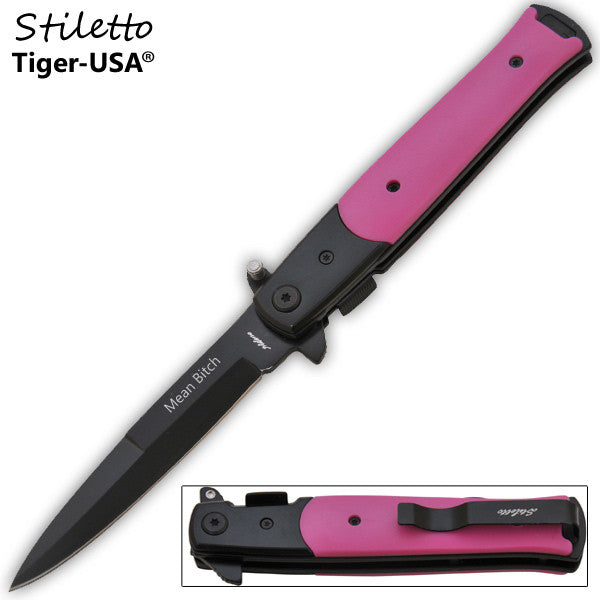9 Inch Godfather Stiletto Style Folding Knife - Pink (Mean Bitch), , Panther Trading Company- Panther Wholesale